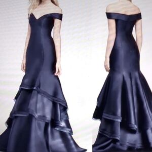 Xscape Navy Off-Shoulder Prom Dress